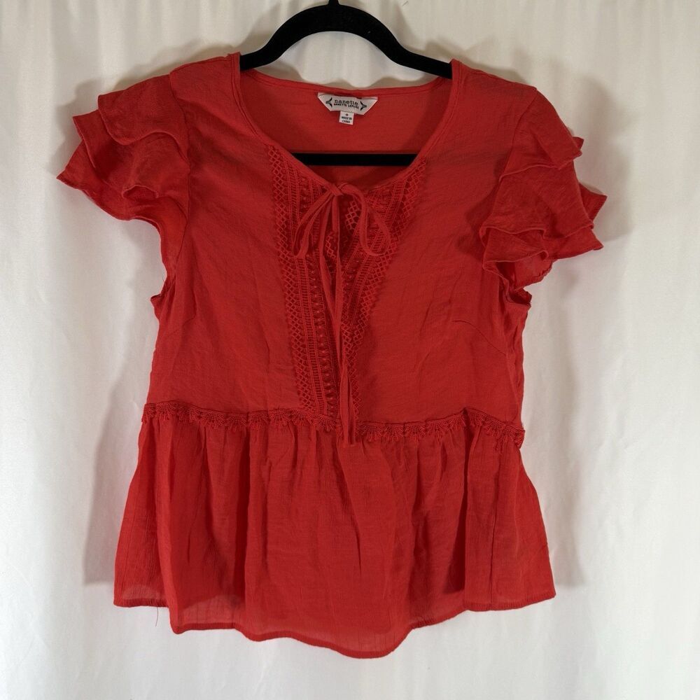 Nanette Lepore Blouse Women's Small Red Flutter Sleeve Lace Tie Neck Peplum